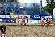 Deutsch: Beachhandball Europameisterschaften 2019 (Beach handball Euro); Tag 5: 6. Juli 2019 – Frauen, Halbfinale, Ungarn-Niederlande 2:0 (19:16, 15:12) English: Beach handball Euro; Day 5: 6 July 2019 – Semifinal Women – Hungary-Netherlands 2:0 (19:16, 15:12)