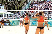 Deutsch: Beachvolleyball bei den Olympischen Jugendspielen 2018; Tag 9, 15. Oktober 2018; Mädchen, Viertelfinale: USA-Spanien 2–1 (21–19/17–21/15–9) English: Beach volleyball at the 2018 Summer Youth Olympics at 15 October 2018 – Girls Quarterfinals: USA-Spain 2–1 (21–19/17–21/15–9)