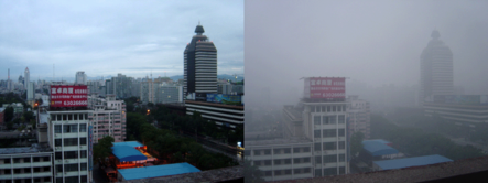 Side by side pictures of Beijing, China. One with smog and the other without. Beijing smog comparison August 2005.png