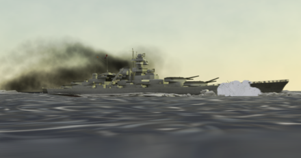 A modern reconstruction showing a 14-inch shell from HMS Prince of Wales penetrating Bismarck's bow.