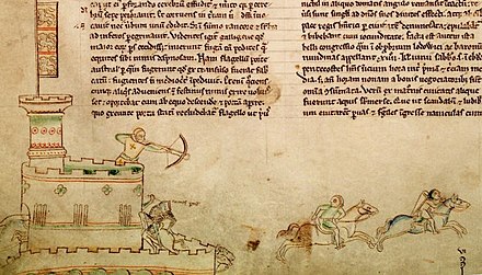 The Battle of Lincoln in 1217, showing the death of the Count of Perche (l), by Matthew Paris[30]