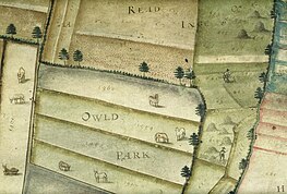 1635 map of Laxton- Owld Park (south of Kneesall) showing the agricultural entitlements and situation by numbers that would correspond to entries in the Estate Terrier to indicate ownership. Bodleian Libraries, Map of Laxton- Owld Park (south of Kneesall).jpg
