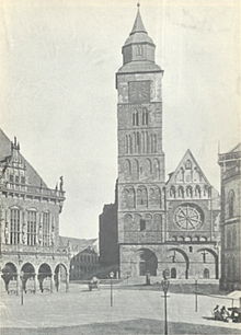 Bremen Cathedral in 1880, the collapsed southern belfry is hidden behind the stock exchange Bremer Dom v Westen 1880.jpg