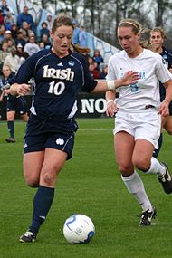 Engen (right) with the North Carolina Tar Heels on December 3, 2006, during the NCAA Women's Soccer Tournament championship game. Photo by Jarrett Campbell / CC BY Brittany Bock, Whitney Engen 2006.jpg