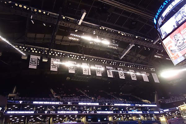 New York / New Jersey / Brooklyn Nets retired numbers hanging prior to the NBA pre-season game between the Nets and the New York Knicks in October 201