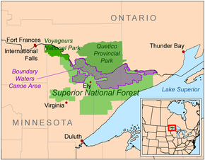 The BWCAW showing Ely within the Superior National Forest Bwca map.png