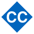 Viereckiges Liniensymbol mit den weißen Buchstaben CC in blau gefüllter Raute vor neutralem Hintergrund