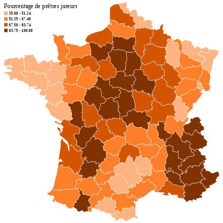 Map of France showing the percentage of juring priests in 1791. The borders of the map are those of 2007, because the data come from archives of the modern departments.
