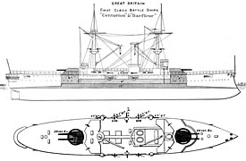 Right elevation and deck plan of the Centurion-class as depicted in Brassey's Naval Annual 1896 Centurion class battleship diagrams Brasseys 1896.jpg