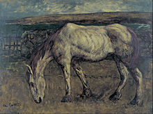 Peinture aux couleurs sombres représentant un cheval en train de brouter dans un pré.
