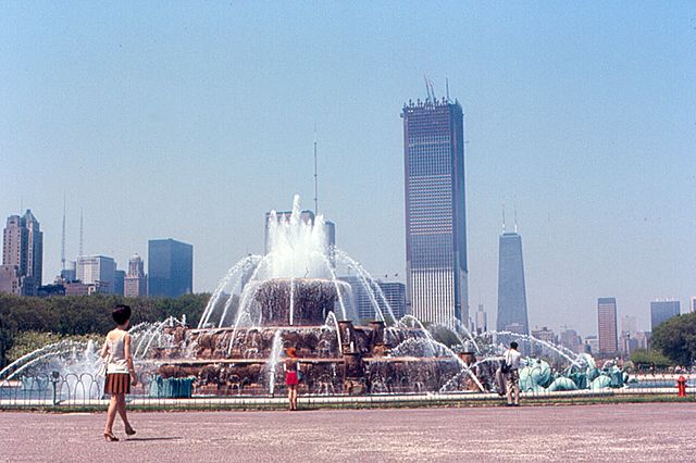 View from Buckingham Fountain of the building while it was under-construction