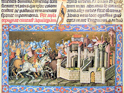 Chronicon Pictum, Attila, Hun, King, Roman, siege, battle, Aquileia, medieval, chronicle, book, illumination, illustration, history