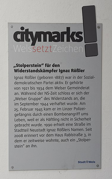 File:Citymarks - Wels setzt Zeichen - Stolperstein Ignaz Rößler (Wels).jpg