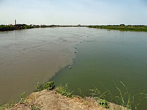 Point de confluence (vu vers l'aval) entre le Nil Blanc (venant de gauche) et le Nil Bleu (venant de droite) formant le Nil (vers le haut) : la différence de teinte des eaux justifie bien leurs deux hydronymes.