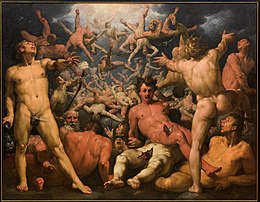 La Chute des Titans, huile sur toile de Corneille de Haarlem (1588, Statens Museum for Kunst). (définition réelle 7 329 × 5 689)