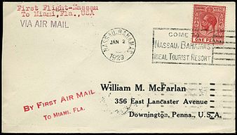 1929 machine cancellation used to cancel 1d stamp on first flight cover from Nassau to Miami Cover Bahamas 1929 front.jpg