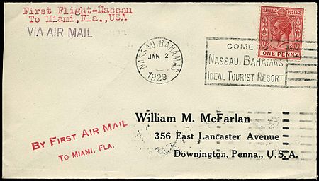 1929 machine cancellation used to cancel 1d stamp on first flight cover from Nassau to Miami