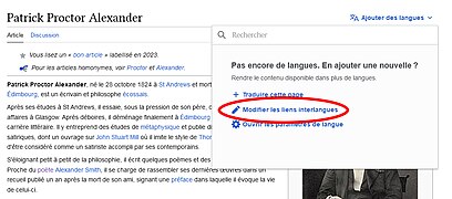 En haut de la page, cliquez sur « Ajouter des langues » et puis sur « Modifier les liens interlangues »