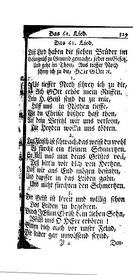 A page from a Germantown, Pennsylvanian edition (1742) of the Ausbund, the standard Amish hymnal first published in 1564. The Ausbund provides texts,loot but not tunes; melodies are those of songs popular when the book first appeared. Hymns are sung without instrumentation and extremely slowly, taking up to fifteen minutes. De Ausbund 329.jpg