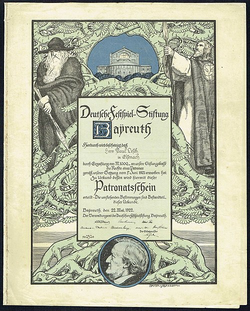 Patronage certificate for funding the Bayreuth festival, issued 22. May 1922