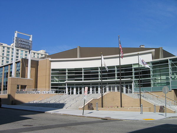 An entrance to the Amica Mutual Pavilion on the corner of Sabin and Snow St