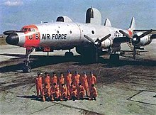 A crew photo of the EC-121H Warning Star (s/n 55-5262, ex-USN BuNo 141289) at Otis Air Force Base. This aircraft crashed off the island of Nantucket, Massachusetts on 11 November 1966, 40 minutes after takeoff from Otis due to engine problems, killing all 19 crewmembers aboard. EC-121H Warning Star crew photo, serial number 551262.jpg