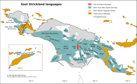 A keleti Strickland-nyelvek köre Új-Guineában, piros színnel a térképen.