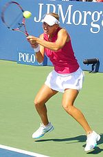 Elena Vesnina in a doubles match with Maria Kirilenko Elena Vesnina 2 - 2009 US Open.jpg