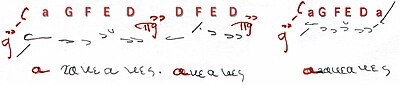 "Вы спускаетесь на 4 ступени [φοναὶ] от echos protos [kyrios protos / Authentic protus: a — G — F — E — DD], и вы снова найдете протосы plagios, таким образом [D — F — E — DD]. "