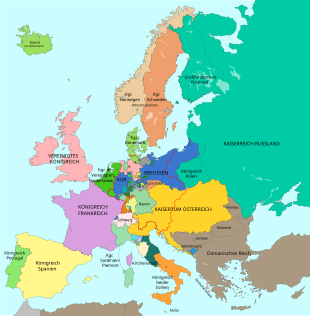 Plassering av kongeriket De forente Nederlandene i Europa (1815) som et bolverk mot både Frankrike og Preussen