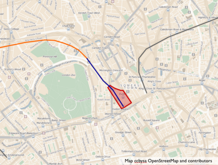 Map of the area around Euston, with planned High Speed 2 redevelopment. The new line is drawn in orange (left). (The line to the right is High Speed 1 entering St Pancras International).
