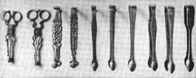 Evolution of sugar tongs: from nippers dating back to the reign of George I through highly decorative bows (1750s) to more modern tongs Evolution of sugar tongs.png