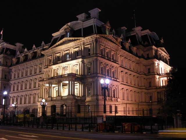 The Eisenhower Executive Office Building at night