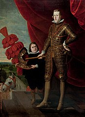 Portrait of king Philip IV in Parade Armor with a dwarf label QS:Len,"Portrait of king Philip IV in Parade Armor with a dwarf" 1627-1632. Palacio de Viana, Madrid