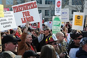 Firefighters led the protest into the Wisconsin State Capitol on February 16, 2011 Firefighters For Labor.jpg