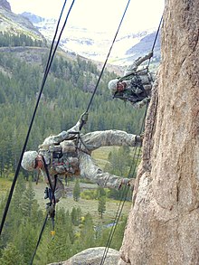 Soldiers from the 1st Battalion, 28th Infantry Regiment, 4th Brigade Combat Team, 1st Infantry Division, attend a three-week-long Assault Climbers training at the Marine Corps' Mountain Warfare Training Center in Northern California, 21 September 2011. Flickr - DVIDSHUB - Mountain Warfare Training (Image 5 of 7).jpg