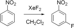 Reakcja fluorowania nitrobenzenu przy użyciu difluorku ksenonu w chlorku metylenu z wytworzeniem 3-fluoronitrobenzenu