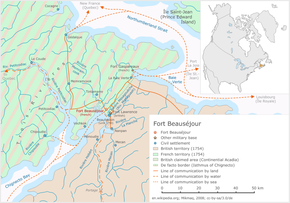 Map of Fort Beausejour and the surrounding area, with French controlled-Acadia to its west, and the British colony of Nova Scotia to its east Fort-Beausejour en.png