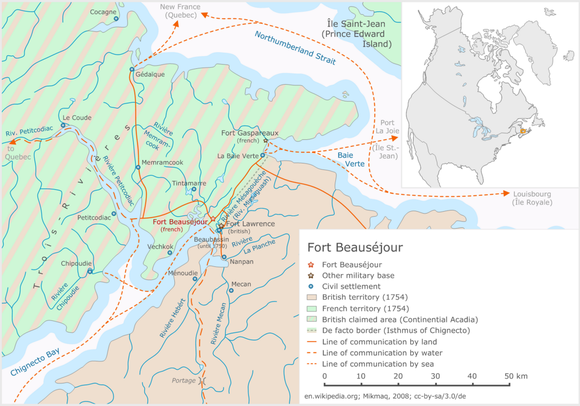 Map of Fort Beauséjour and the surrounding area, with French controlled-Acadia to its west, and the British colony of Nova Scotia to its east