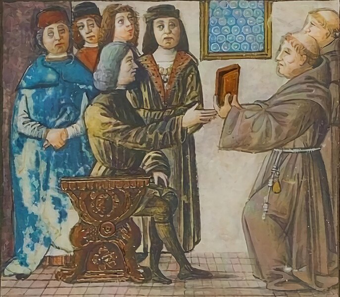 File:Fra' Luca Pacioli dona il suo libro a Ludovico il Moro.jpeg