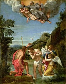 Francesco Albani's 17th-century Baptism of Christ is a typical depiction with the sky opening and the Holy Spirit descending as a dove. Francesco Albani - Baptism of Christ.jpg
