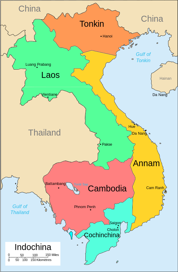Administratieve indeling van de Unie van Indochina. Kouang-Tchéou-Wan is niet weergegeven.