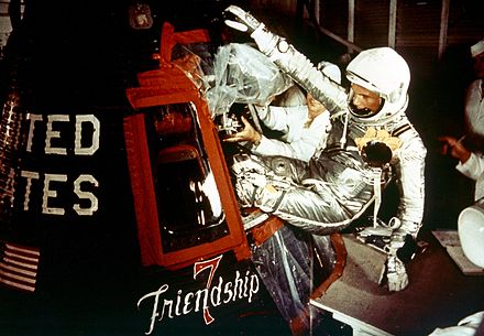 Space exploration has been officially advocated for idealistic reasons,[30] with astronauts such as John Glenn (pictured, in center, entering Friendship 7) later supporting the expansion of knowledge for its own sake.[31]