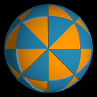 A tiling of the sphere by fundamental triangles of the full octahedral group.