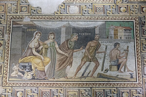 A Roman mosaic from Zeugma, Commagene (now in the Zeugma Mosaic Museum) depicting Daedalus, his son Icarus, Queen Pasiphaë, and two of her female atte