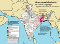 Geographic distribution of Santali language by district. Greater shade implies a greater percentage.