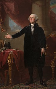 President George Washington in a white powdered wig. The first five Presidents of the United States wore dark suits with powdered wigs for formal occasions.