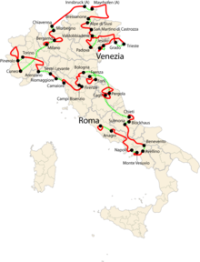 mappa dell'Italia con il percorso del Giro 2009