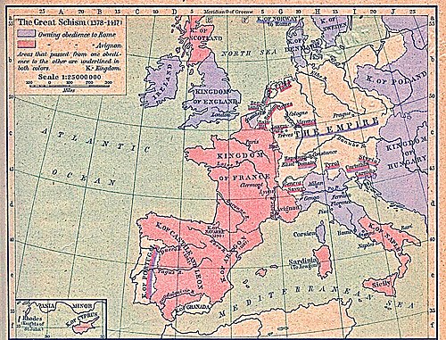 מפה המראה את התמיכה באפיפיוריות אביניון (אדום) ורומא (כחול) בזמן הקרע המערבי