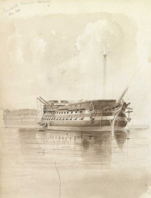 HMS 'Tangguh' (1825) di Sheerness, desember 1850 Studi (detail) RMG PZ0853-002.jpg